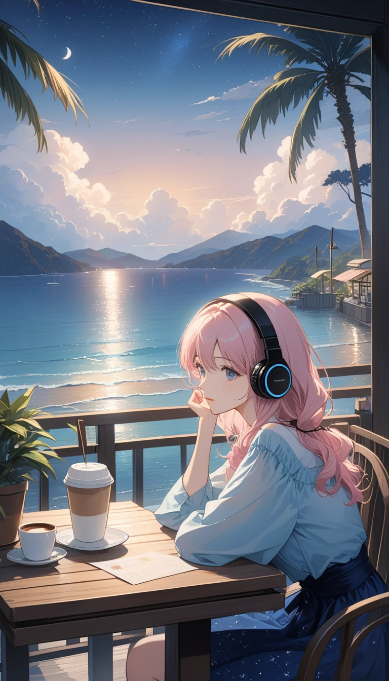 (super masterpiece　Ultra high quality　Ultra HD　Ultra-high resolution) Lo-fi style、anime、(Sea of night)、(A woman wearing headphones sits at an outdoor table in a cafe and looks out at the sea) (Anatomically correct)、1、Beautiful Eyes(eye) Hair is about waist length　Hair color is light pink、Stylishなラフな服装、(Anatomically correct)　Starry Sky、coffee、Palm tree、There are a few small potted plants.、(Stylish) (A dim and moody atmosphere)　Close-up image