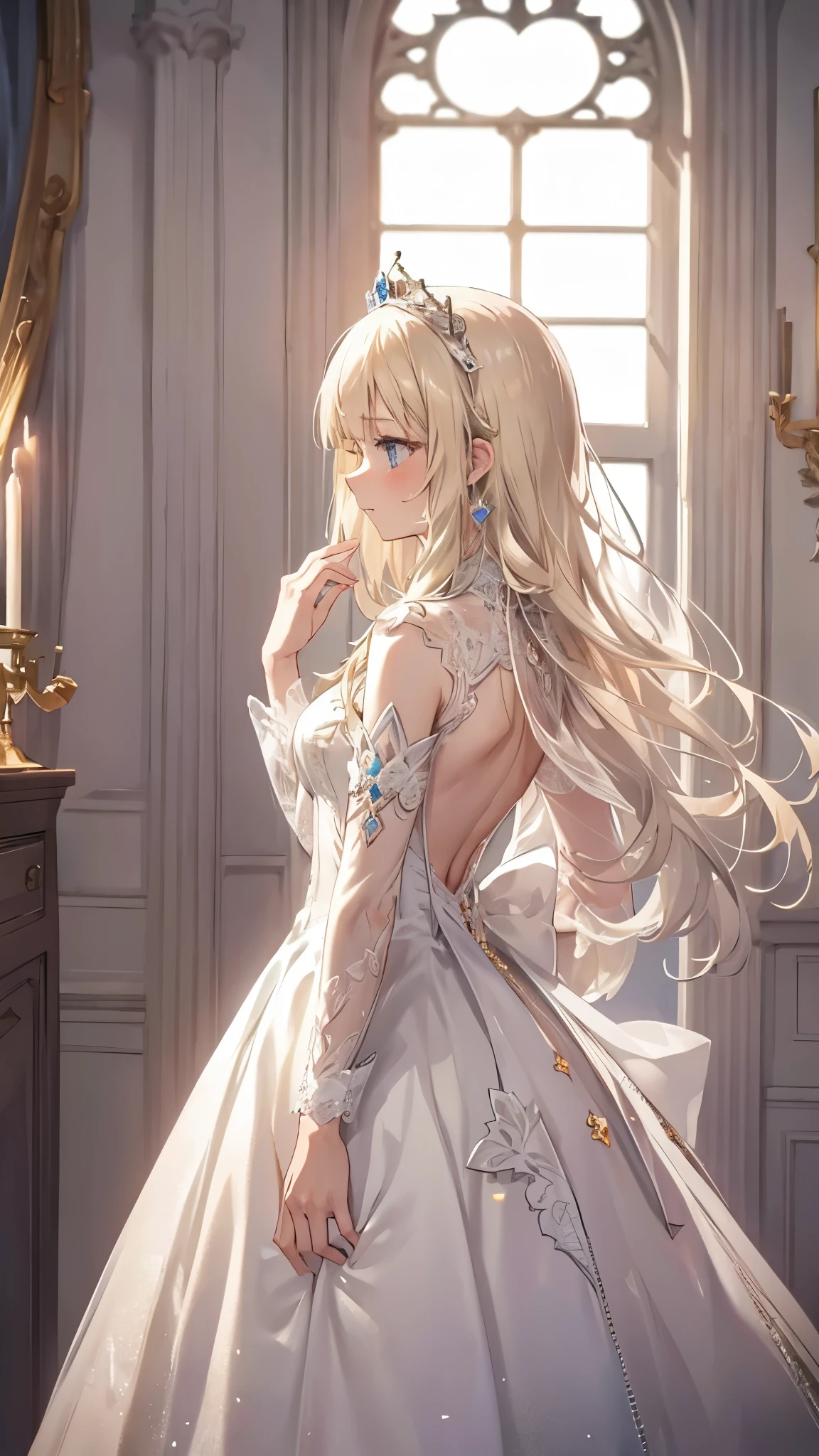 beautiful illustration, best quality, cute girl, indoor, (princess), white dress, tiara, (petite), blond long hair, from side, castle, cowboy shot