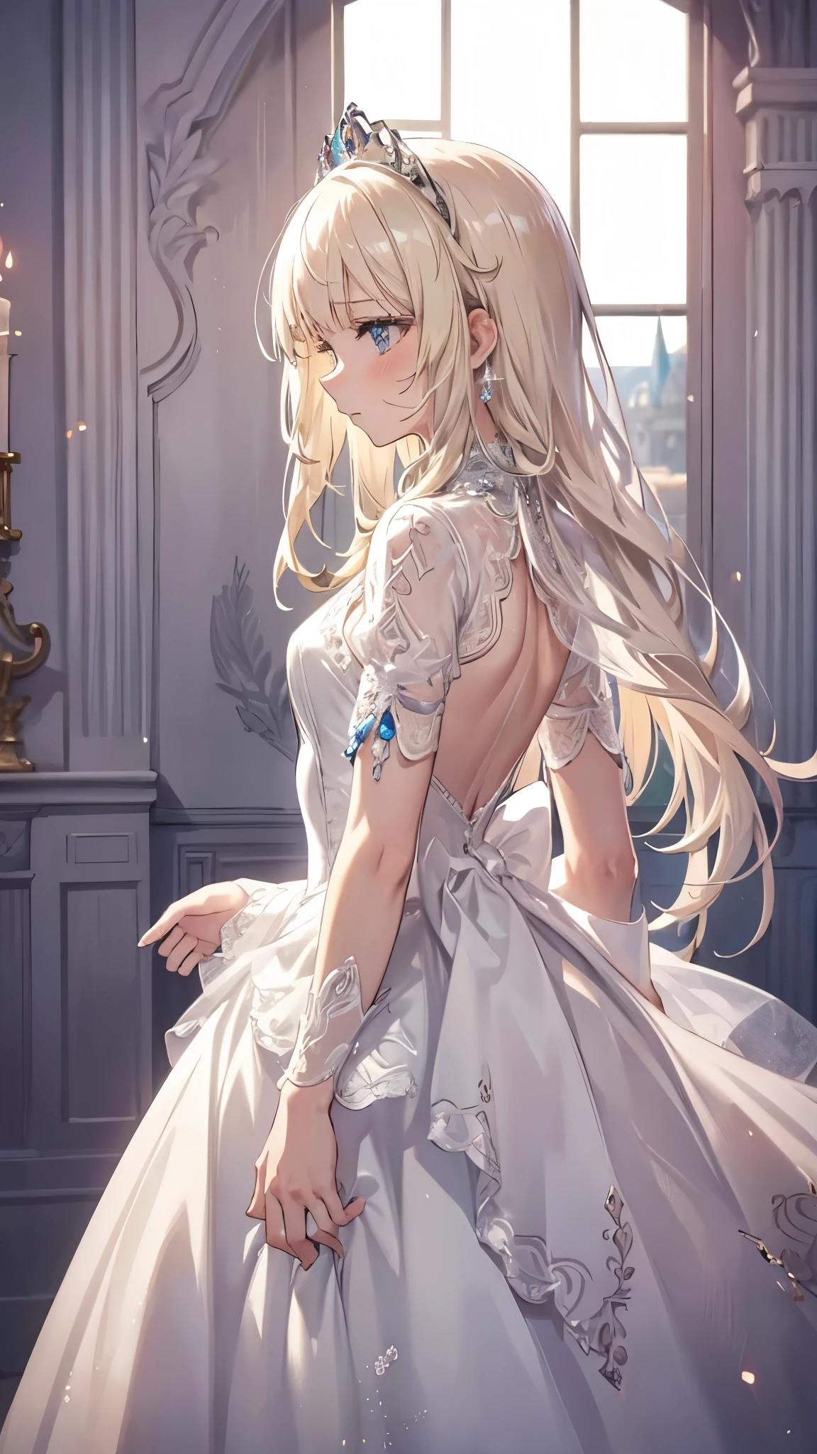 beautiful illustration, best quality, cute girl, indoor, (princess), white dress, tiara, (petite), blond long hair, from side, castle, cowboy shot