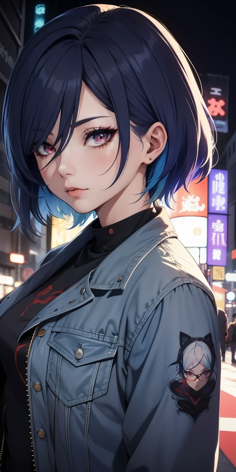 Masterpiece,detailed,High Resolutions:1.4) , Model photo, close, detailed face, fine and detailed eyes,, (Kirishima Touka),medium blue hair,ojo ghoul,retro jacket,Ghoul of Tokyo,Retrofuturistic background, vibrant colors, HDR,, ,