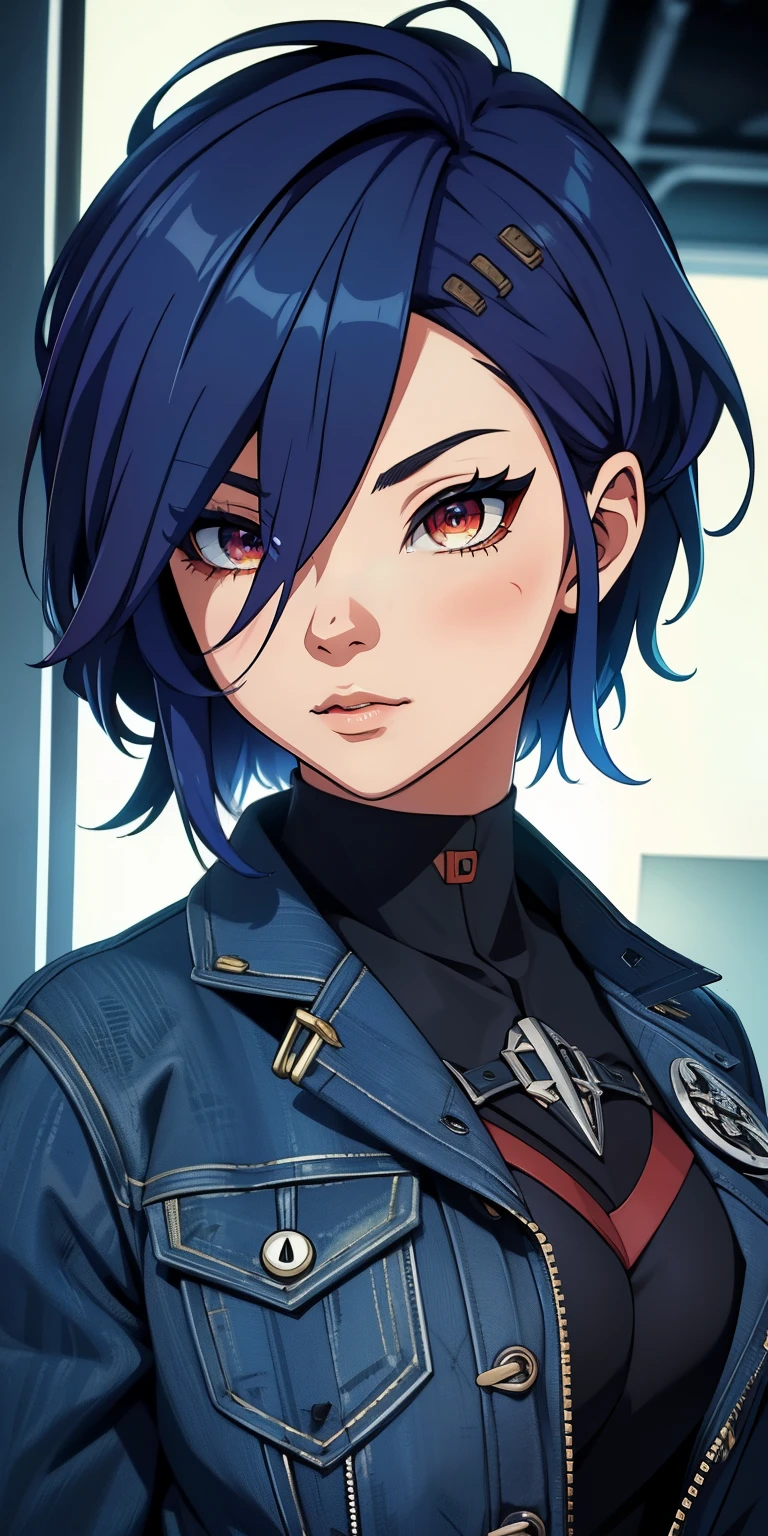 Masterpiece,detailed,High Resolutions:1.4) , Model photo, close, detailed face, fine and detailed eyes,, (Kirishima Touka),medium blue hair,ojo ghoul,retro jacket,Ghoul of Tokyo,Retrofuturistic background, vibrant colors, HDR,, ,