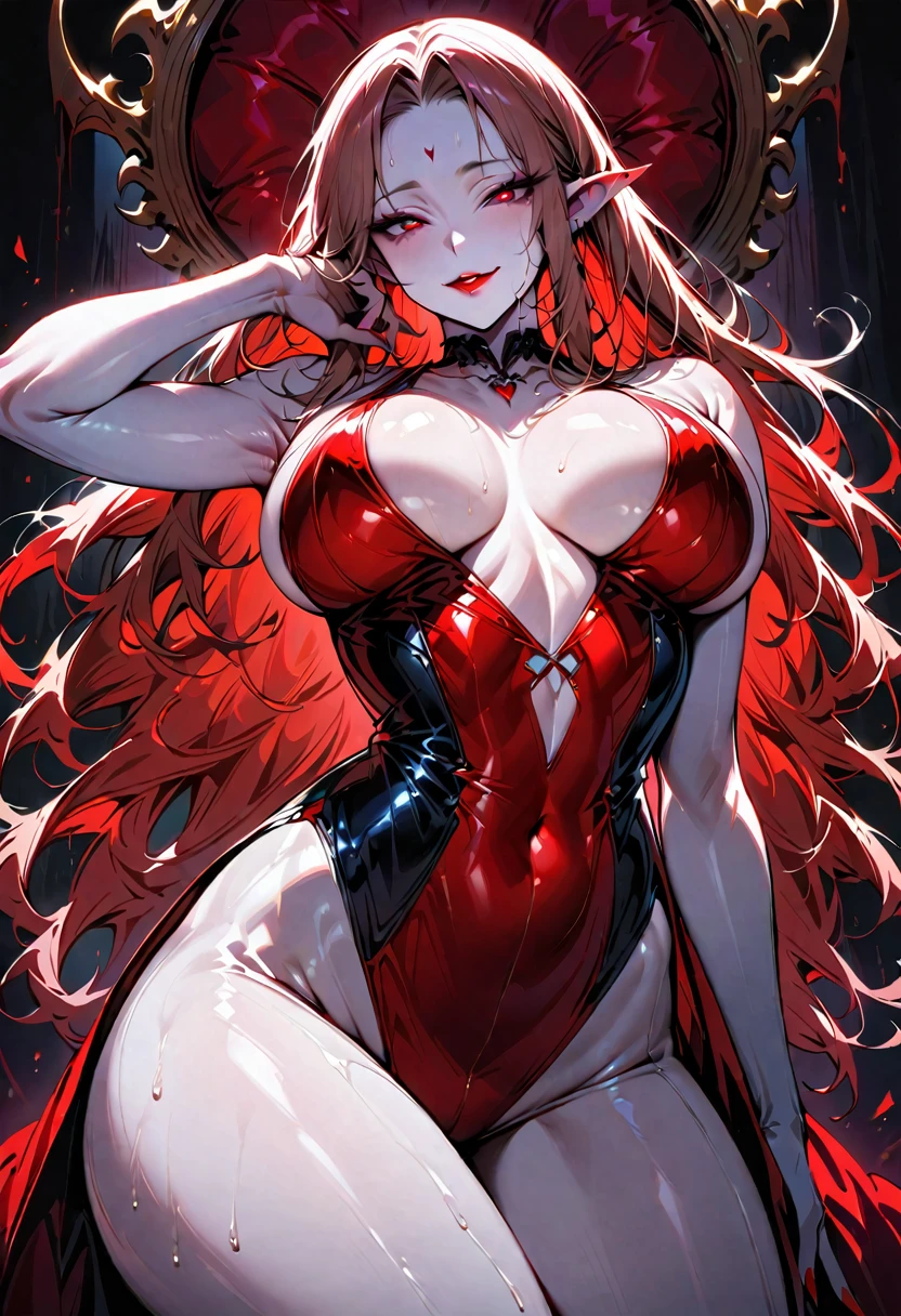 1 young beautiful woman,(Highest quality,Extremely detailed depiction,Incredibly absurd high resolution,Anatomically accurate depiction,Curvy Legs),(Shiny skin,Porcelain-like skin),(Female vampire:1.5,Shiny latex:1.3),eyelash,Sweat,(Red Eyes,Vertically drawn pupils,Crazy Eyes,Large Breasts,A seductive smile,Glossy Red Lips,Flashy makeup,Shadowed face,Sensual pose,Half-closed eyes:1.3),whole body,Pointy Ears,