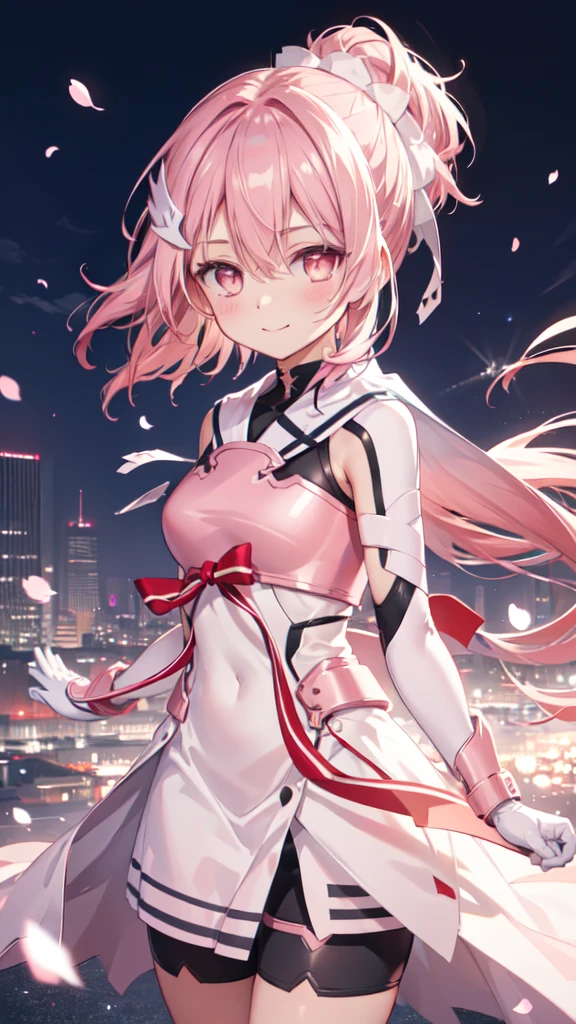 ((full body)),anime, (high quality, detailed, beautiful), Shiny, detailed beautiful eyes, Extraordinary, Countershading, detailed soft lighting, 素晴らしいanimeーションイラスト, Yuki_Yuna, One person, alone, blush, hair ornaments, gloves, dress, ribbon, Hair between the eyes, (Very long hair), ponytail, Pink Hair, boots, Shorts, (Pink Eyes:1.5), white dress, armor, side ponytail, Magical girl, bike Shorts, Gauntlet, smile, Close your mouth, ((Upper Body)), Dynamic pose, night, Modern city background, Fiery Cherry Blossoms.