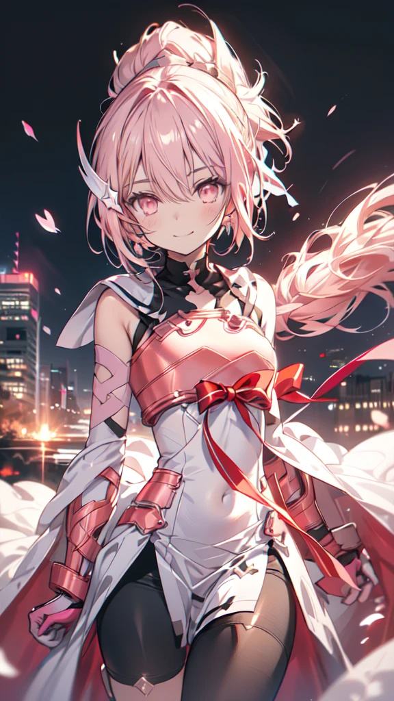 ((full body)),anime, (high quality, detailed, beautiful), Shiny, detailed beautiful eyes, Extraordinary, Countershading, detailed soft lighting, 素晴らしいanimeーションイラスト, Yuki_Yuna, One person, alone, blush, hair ornaments, gloves, dress, ribbon, Hair between the eyes, (Very long hair), ponytail, Pink Hair, boots, Shorts, (Pink Eyes:1.5), white dress, armor, side ponytail, Magical girl, bike Shorts, Gauntlet, smile, Close your mouth, ((Upper Body)), Dynamic pose, night, Modern city background, Fiery Cherry Blossoms.