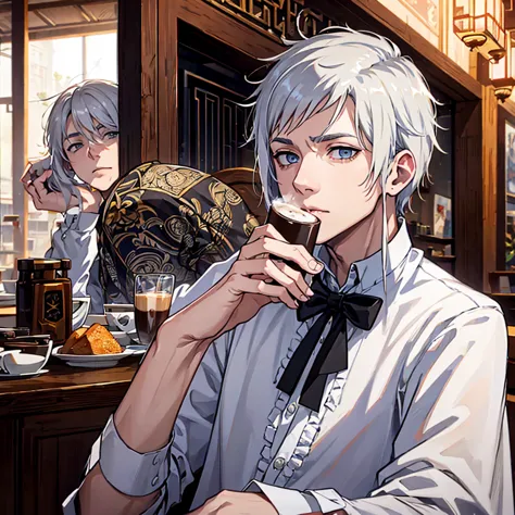 a young man with white hair and grey eyes drinking coffee in a coffee shop.