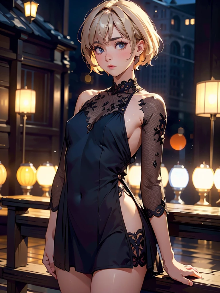 A beautiful introverted European boy wearing a short light plunging dress, thigs, high detail face, high detail skin, small size breasts, 8k, HDR, high resolution, photo-realistic, cinematic lighting, depth of field, bokeh, rim lighting, backlit, cool colors, night, 8K