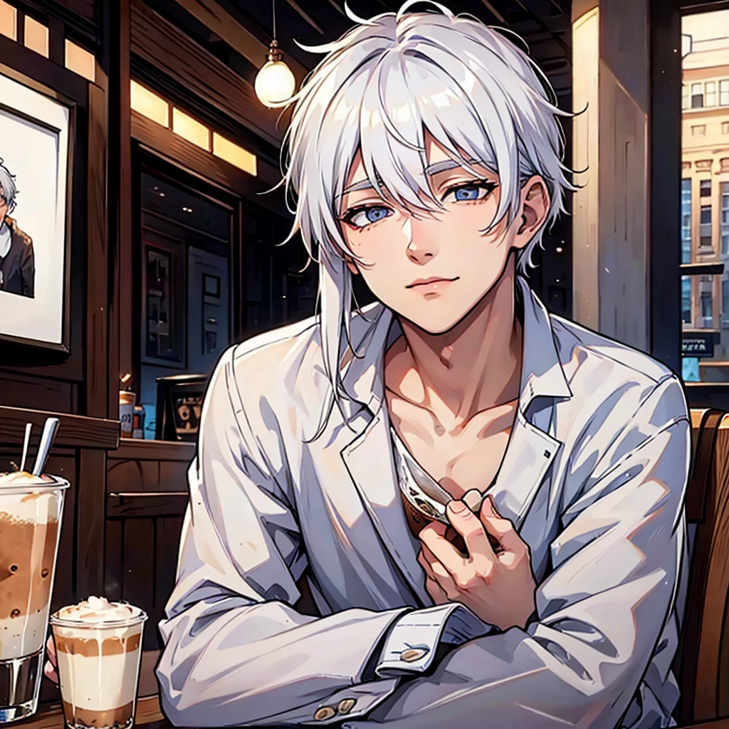 A cute young man with white hair and grey eyes drinking coffee in a coffee shop.