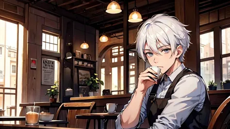 single photo of a cute young man with white hair and grey eyes drinking coffee in a coffee shop.