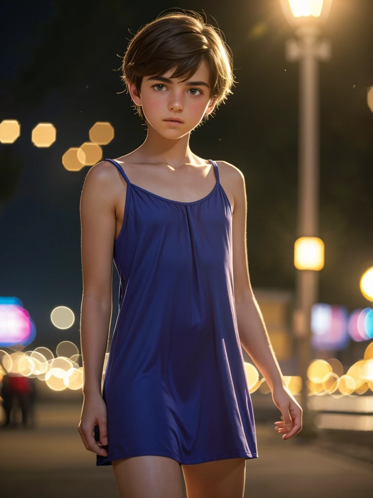 A beautiful introverted European boy wearing a short light plunging dress, 12-years-old, thigs, high detail face, high detail skin, flat chest, 8k, HDR, high resolution, photo-realistic, cinematic lighting, depth of field, bokeh, rim lighting, backlit, cool colors, night, 8K