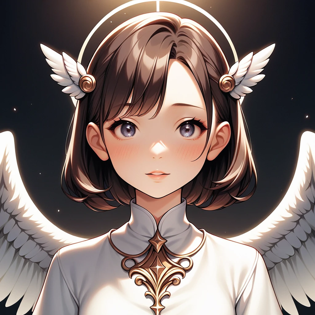 masterpiece, Angel Girl, young，(((Black right wing and white left wing)))，Brunette with wings, White dress with feathers, Close-up portrait, Delicate face, , god々A shiny silver dress、palace