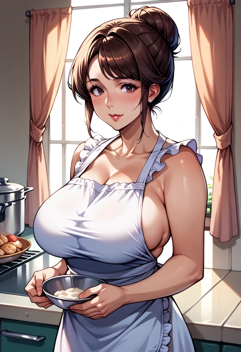 1girl, ,Anime, modest, Mom mature Housewife thick, apron, hair in top bun in kkitchen, busty