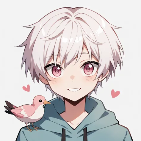 i boy, (white hair)(messy short hair) ((wearing oversized hoodie)) ((flamingo pink colour hoodie))((hair coming on forehead)) ((...