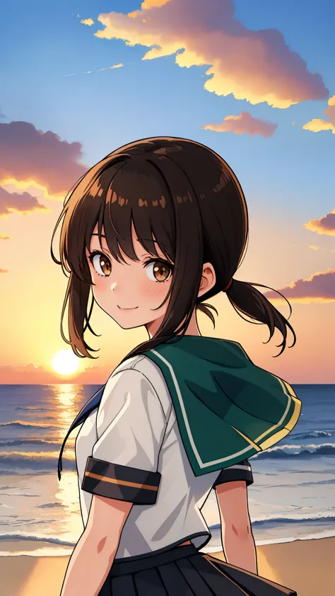 (masterpiece, best quality:1.2),illustration,8k,hd,seaside,sunset sky,1girl,solo,brown eye,upper body,(portrait:1.2),black_hair,...