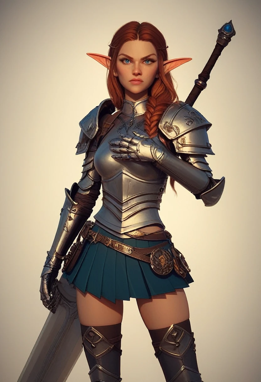 Hyper-realistic 3D anime rendering. An elf, standing in a fantasy village. She is holding a glowing Claymore sword, propped on her shoulder. She wears a modern-day school uniform spliced with ancient reflective steel armor. Her armor has leather accents and runic detailing. she wears a pleated skirt and metal thigh-highs. Her eyes are deep blue with a slight incandescence. Her expression is focused and determined.