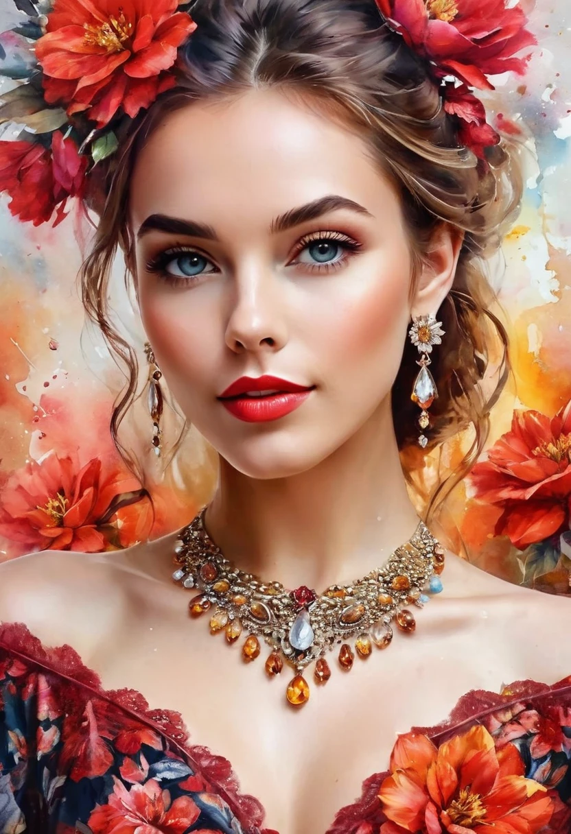 Watercolor-based paint, a masterpiece. beautiful realistic woman, detailed face, crystal clear amber eyes, red lipstick, flowing brown hair, dry red flower in hair, delicate earrings and necklace, shiny red and black satin floral dress, exposed shoulders, flowers background, portrayed from the knees up, stunning image, bokeh background, UHD.