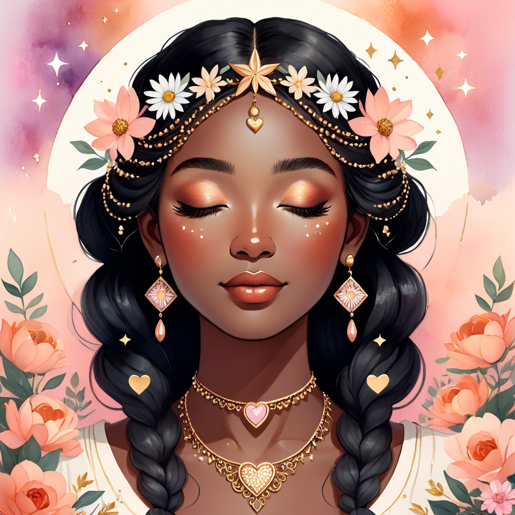 A whimsical and serene watercolor illustration of a young, dark-skinned woman with closed eyes, depicted from the chest up. Her long, intricate black hair is styled into multiple braids that extend out from her head, adorned with various decorative elements such as small stars, flowers, and gold sparkles. She wears large gold hoop earrings and a white top with subtle heart patterns and a V-neck. The woman's head is tilted slightly to the right, and her expression is calm and peaceful, with a gentle smile. Small gold freckles are scattered across her cheeks and nose. Surrounding her are various decorative elements, including gold hearts with a glittery texture, stars in gold, silver, and black, and geometric shapes such as diamonds in gold and pink. There are also pastel-colored flowers and foliage at the bottom of the image, adding to the whimsical feel. The flowers include white daisies with black centers, peach flowers, and pink flowers. Small red berries and green leaves are interspersed among the flowers, creating a natural frame around the woman. The background is simple white, which emphasizes the focus on the central figure and the surrounding decorations. The overall mood of the illustration is serene and dreamlike, with soft, even lighting and a high level of detail in the character’s features and accessories. The color palette includes warm and neutral tones such as rich brown, peach, gold and white, creating a harmonious and balanced composition. The image has a flat lighting effect and a soft color palette, highlighting the character’s peaceful demeanor and the magical, dreamlike atmosphere of the illustration.