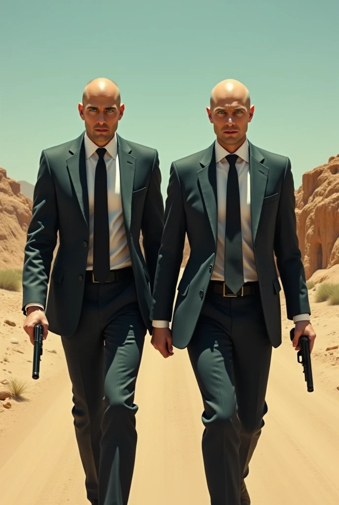 Bald Men, with blue yes, dressing a smoking, with a silenced pistol in each hands, walking in a desert street