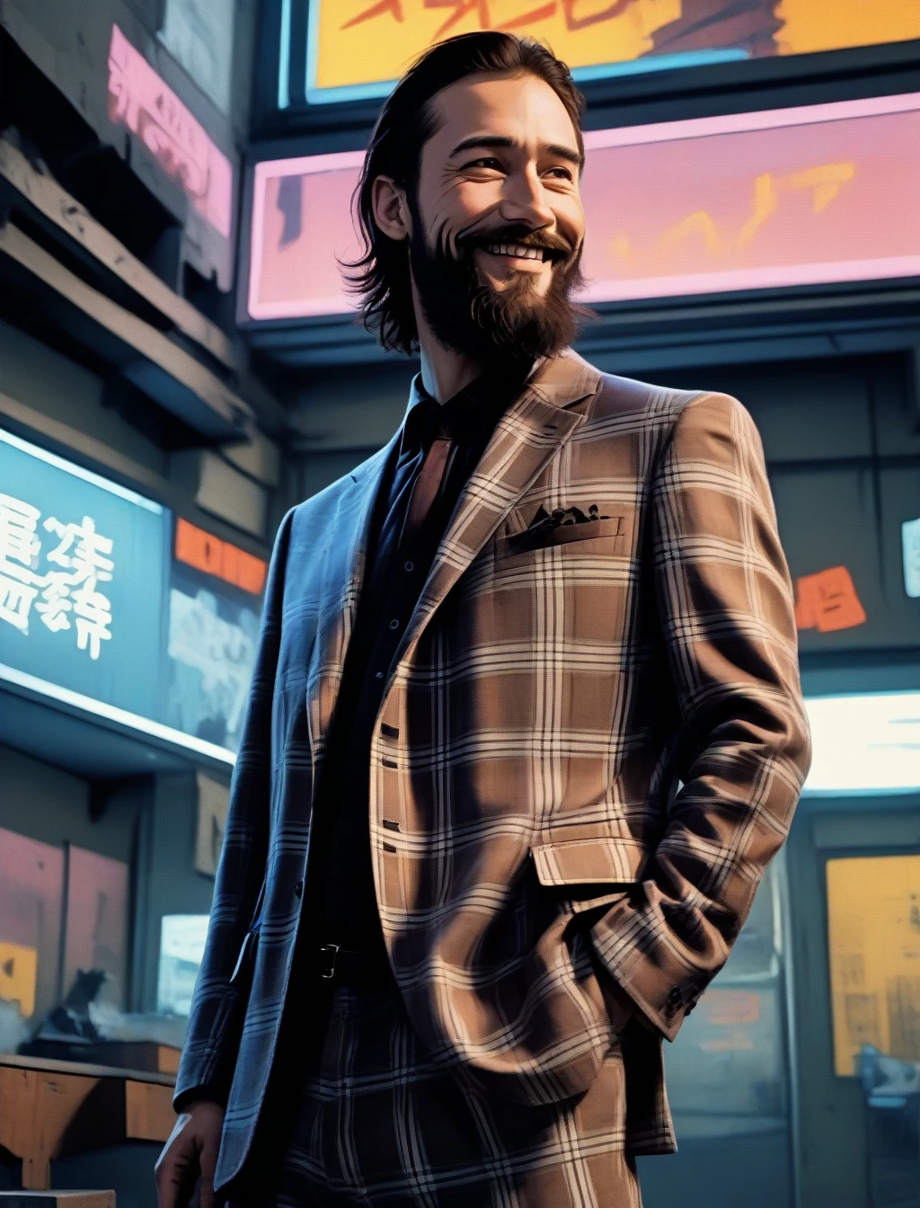 a result_9,a result_8_higher,a result_7_higher, man wearing a plaid suit, long beard;, He smiles, hands in pockets, cyberpunk scene 