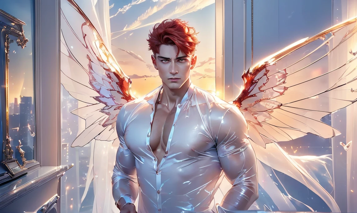 [((highly detailed, detailed eyes, detailed face, clear and realistic facial features, photorealistic, realistic light, cinematic)), (1 man), (((((Gorgeous perfect sexy powerful masculine male angel with ghostly transparent wings))))), (((there are two transparent ghostly angel wings at his back))), ((((short sexy red hair)))), ((((pale yellow eyes)))), ((30 year old)), ((wearing flattering gold and white clothes)), (((aura of divine power))), (((((standing in a modern apartment at nighttime))))), ((light blush)), (((((wearing a slightly disgruntled expression)))))]