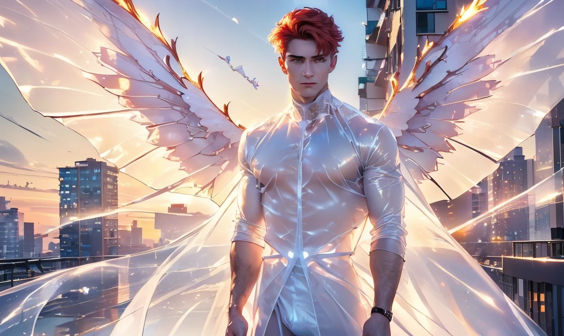 [((highly detailed, detailed eyes, detailed face, clear and realistic facial features, photorealistic, realistic light, cinematic)), (1 man), (((((Gorgeous perfect sexy powerful masculine male angel with ghostly transparent wings))))), (((there are two transparent ghostly angel wings at his back))), ((((short sexy red hair)))), ((((pale yellow eyes)))), ((30 year old)), ((wearing flattering gold and white clothes)), (((aura of divine power))), (((((standing in a modern apartment at nighttime))))), ((light blush)), (((((wearing a slightly disgruntled expression)))))]