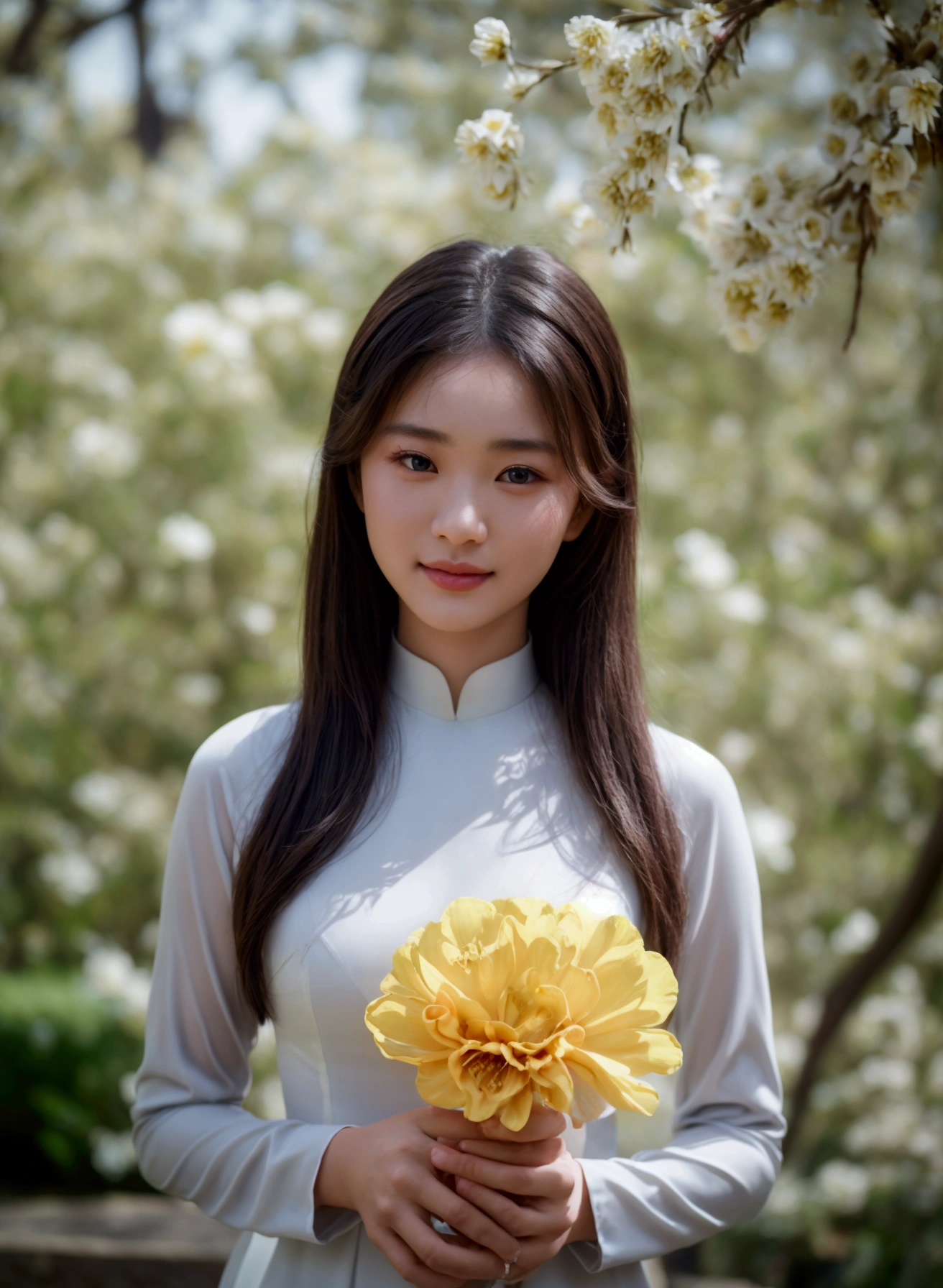 1girl, aodai yellow dress, art photo, (flower: 1.2), a beautiful photo with beautiful saturation, ultra high resolution, ((actual: 1.4)), deep shadow, (best quality, masterpiece), white skin, low light, shade, confused, blushing, high detail, skinny, big breasts, depth of field BREAK, film grain, wrinkled skin, looking at the viewer, knees, warm smile, (upper body: 1.2), masterpiece, surreal, 8k photo quality, extremely detailed 8k unity CG wallpaper, best quality, model-following detail, detailed hands, detailed face, detailed hair, detailed 5-fingered hand