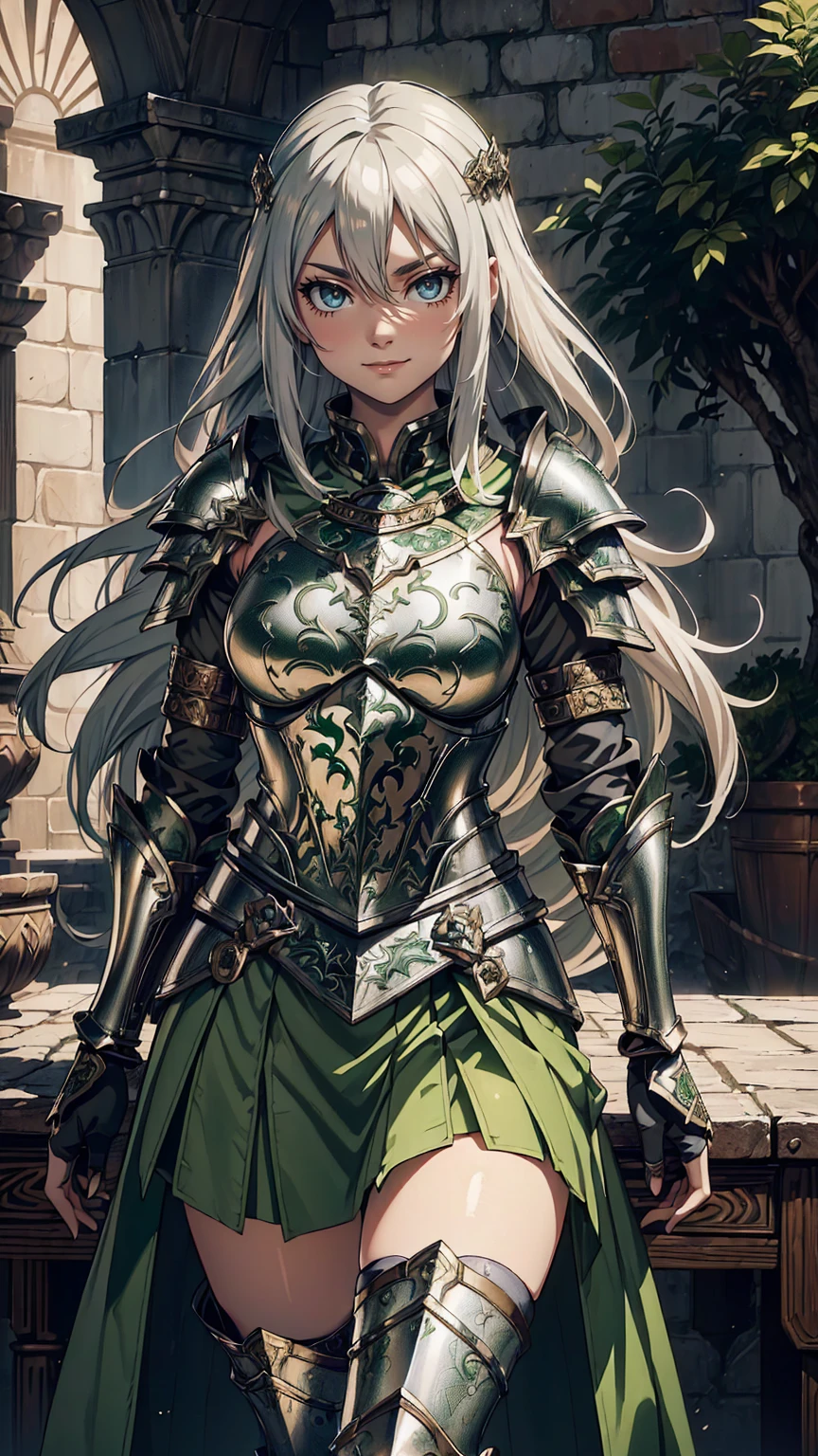 最high quality、Ultra High Definition, Ultra High Quality, Hyper Detailed, Extremely Detailed, Best image quality、masterpiece、anime woman((20-year-old、super dynamic pose , Dancing, Green solid eyes, Silver long Hair 、Disheveled Hair 、Long White Hair, Glove、Green Skirt,  Nature Design Armor, She is smiling like a villain, cheerful expression, charismatic, Detailed Cuirass , Wearing  Full Coverage Fantasy Plate Armor, leg armor))Beautiful art、background((Inside the castle))、Written boundary depth、anime style,Visual Art, 8K,Genuine