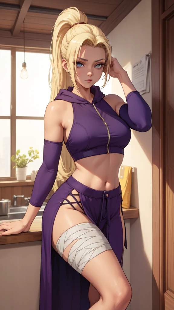 ino yamanaka, long hair, blonde hair, ponytail, high ponytail, blue eyes,bare shoulders, detached sleeves, bandages, bandaged leg, sleeveless, hoodie, hood down, crop top, purple crop top, pelvic curtain, detached sleeves,