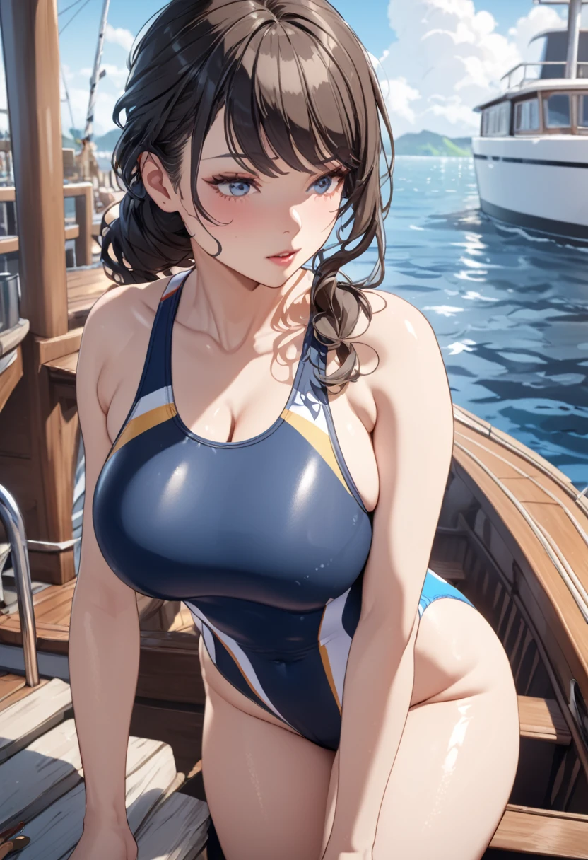 Japanese cartoons, Extremely detailed, Ultra Detailed, best quality, high resolution, 4K , masterpiece, 1 female, ,  Boat, Competition swimsuit, huge, huge的乳房