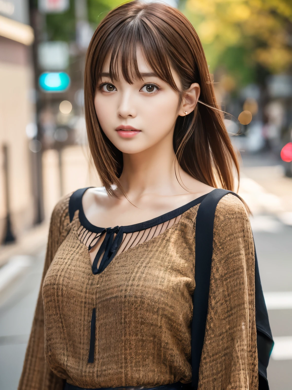 Ultra High Definition, Superior Quality, Premier Quality, ultra detailed, Photorealistic, 8k, RAW Photos, highest quality, masterpiece, Attractive girl, Stunning girl, Brown Hair, Shoulder Length Layered, asymmetrical bangs, Japanese Idol, Sophisticated, Stylish, blouse,Shibuya, 