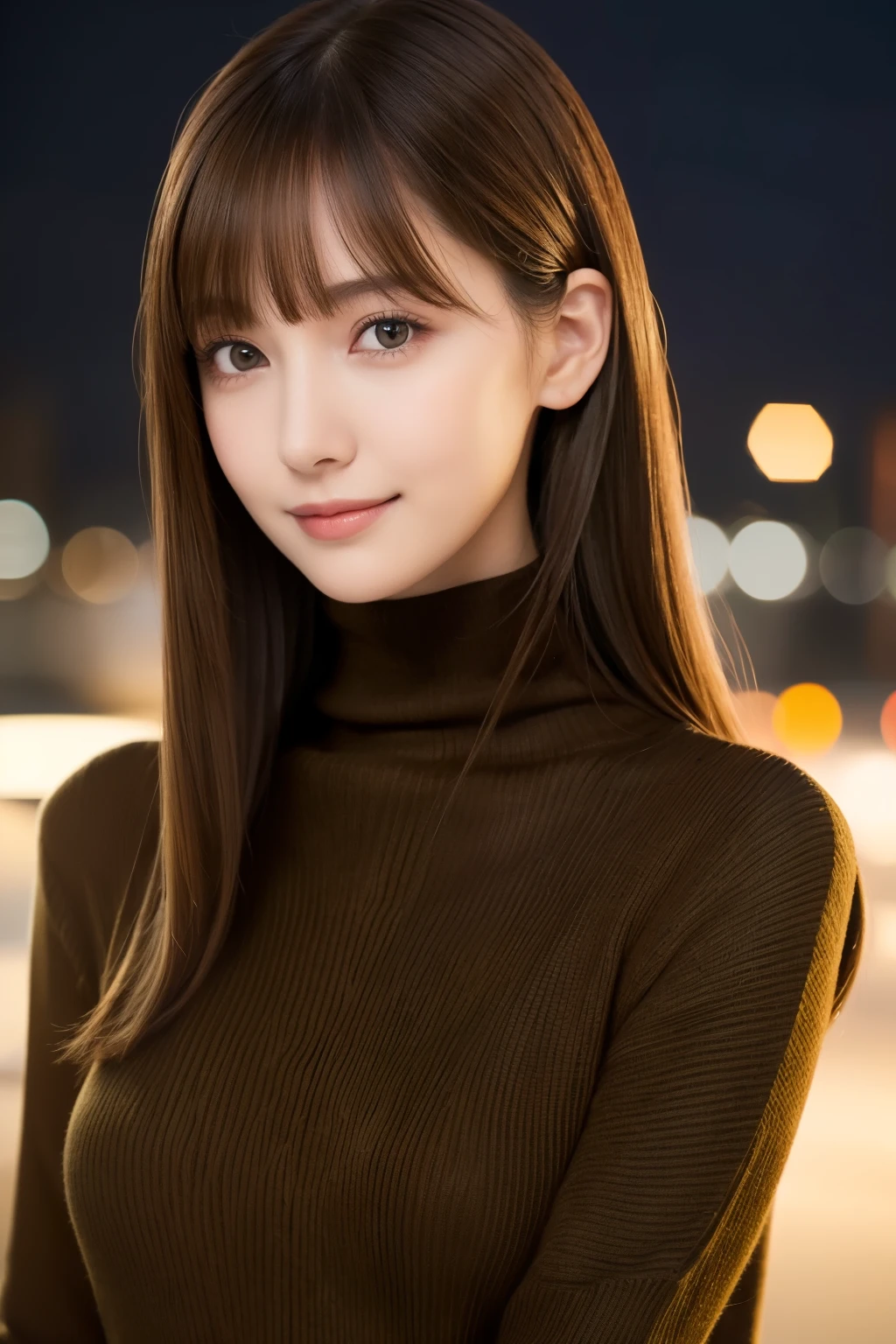 one 19 year old girl, (Dark yellow turtleneck thin sweater), Raw photo, highest quality, photorealistic, very delicate and beautiful, very detailed, 8K wallpaper, High resolution, soft light, very detailed目と顔, beautifully detailed nose, detailed and beautiful eyes, cinematic lighting, night city lights, perfect anatomy, slender body, well-shaped chest, straight hair, smile, asymmetrical bangs, light brown hair