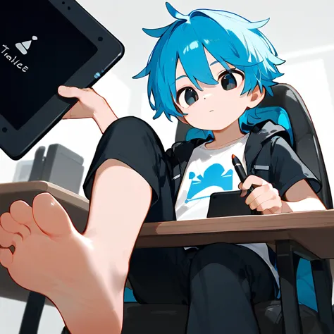 a cute boy sitting on a swivel chair，alone，low angle，hold the tablet，holding a pen，black eyes，barefoot，blue hair，blue unicorn，bl...