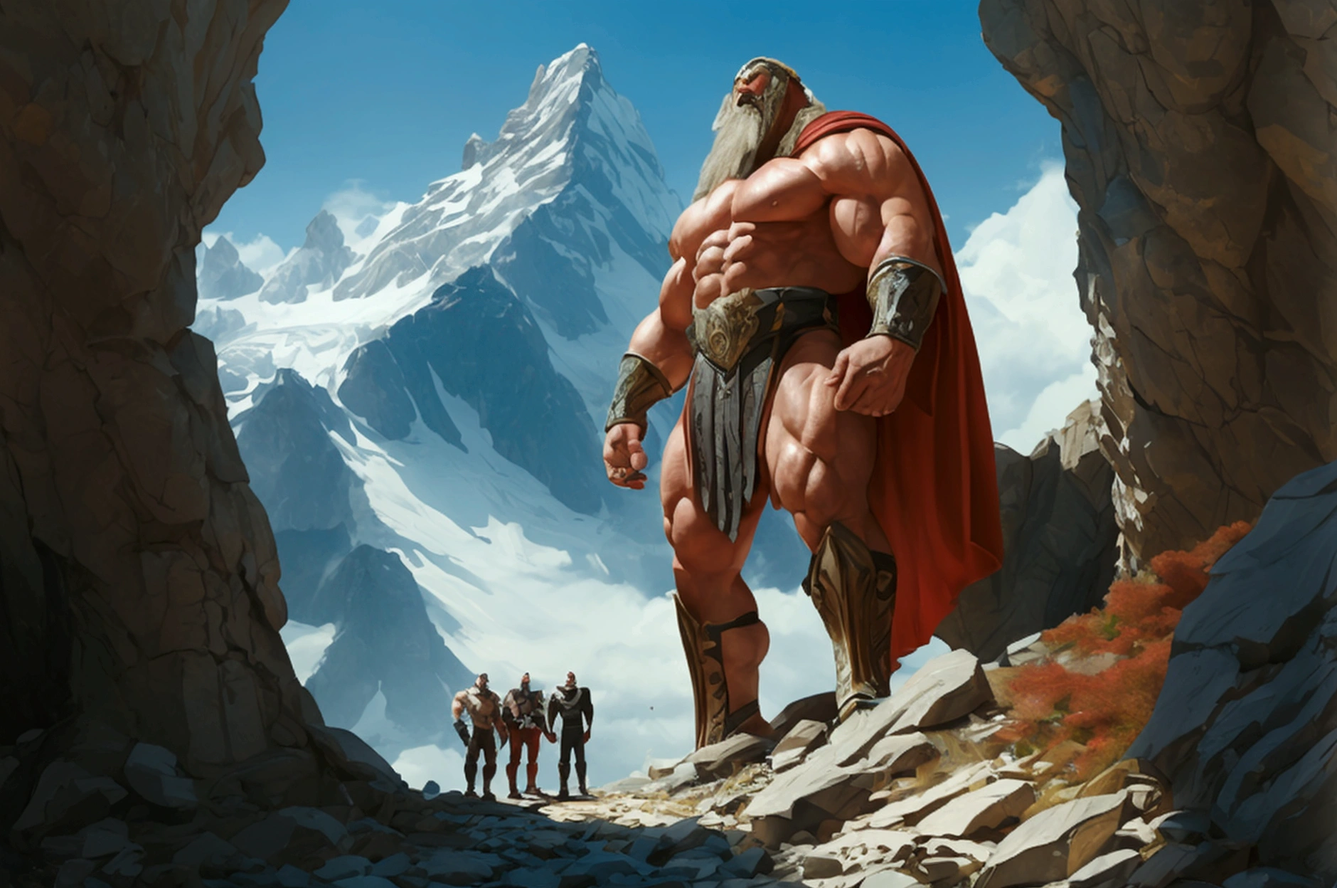 An absolutely monsterous mountain of muscle is standing next to two much smaller men. They are looking up at him admiringly.