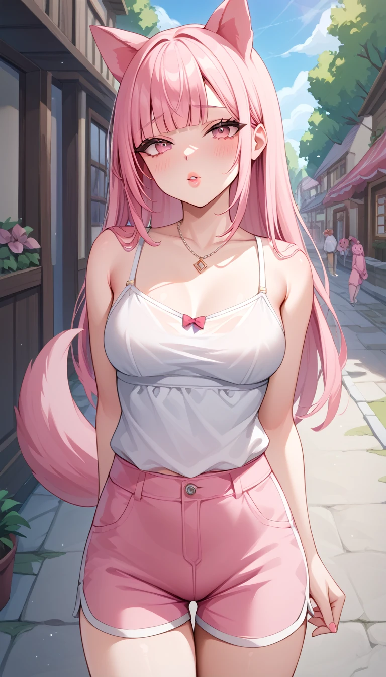 1 Girl Long Pink Hair, Blunt Bangs, Light Pink Eyes, Perfect Body Slim Curves, Big Lips, Split Lips, Soft Beauty, Shy, Sexy, Wearing Pure White Camisole, Wearing Pink Shorts, Pink Dog Ears, Pink Dog Tail, White Necklace, Outtown Background, Absurd, High Resolution, Super Sharp, 8K, Masterpiece ...