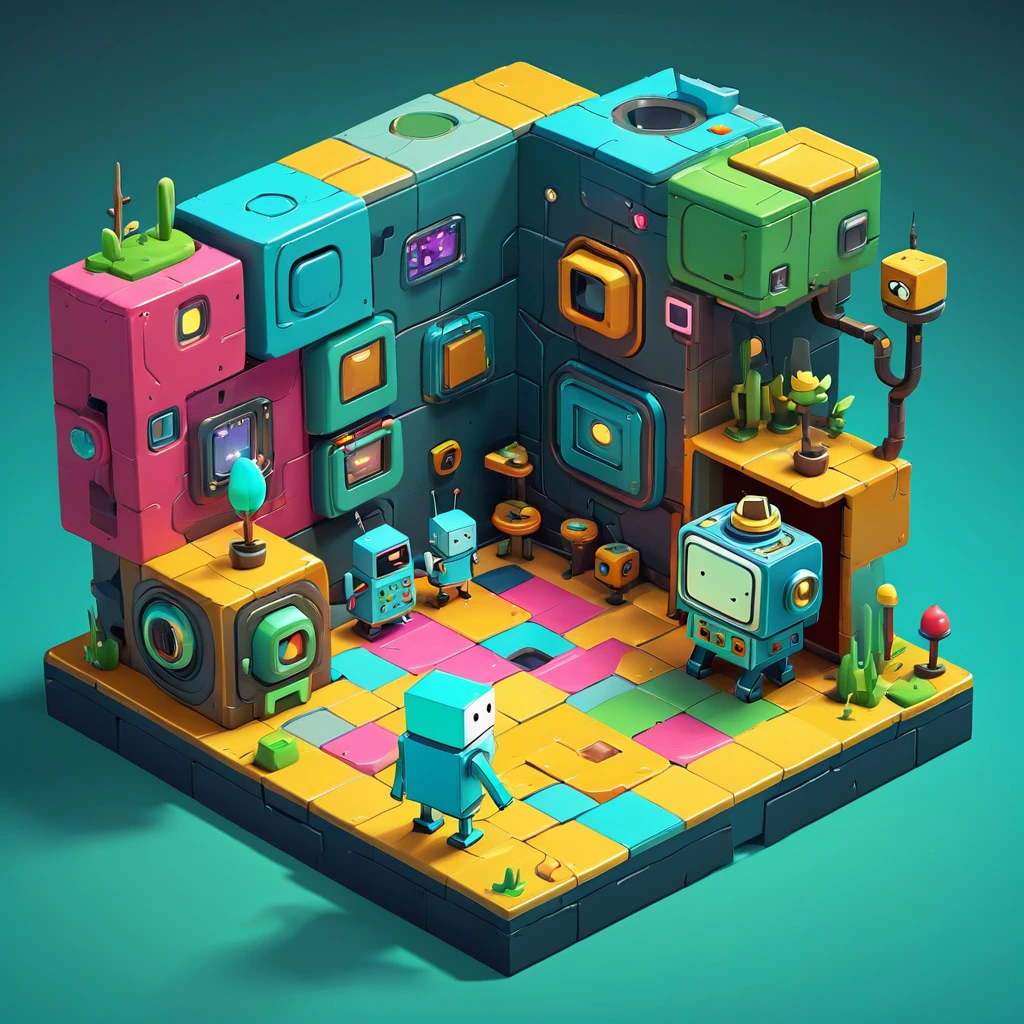 3D game screenshot, third-person camera view, stylized casual game. Main character is BMO robot from Adventure Time cartoon. Multiple similar robots running around the level. Level design resembles a test chamber. Colorful, playful atmosphere. Cartoon-style graphics, simple textures. Isometric view, game UI elements visible. Adventure Time inspired, puzzle-platformer aesthetics. Game development, 3D modeling, character design
