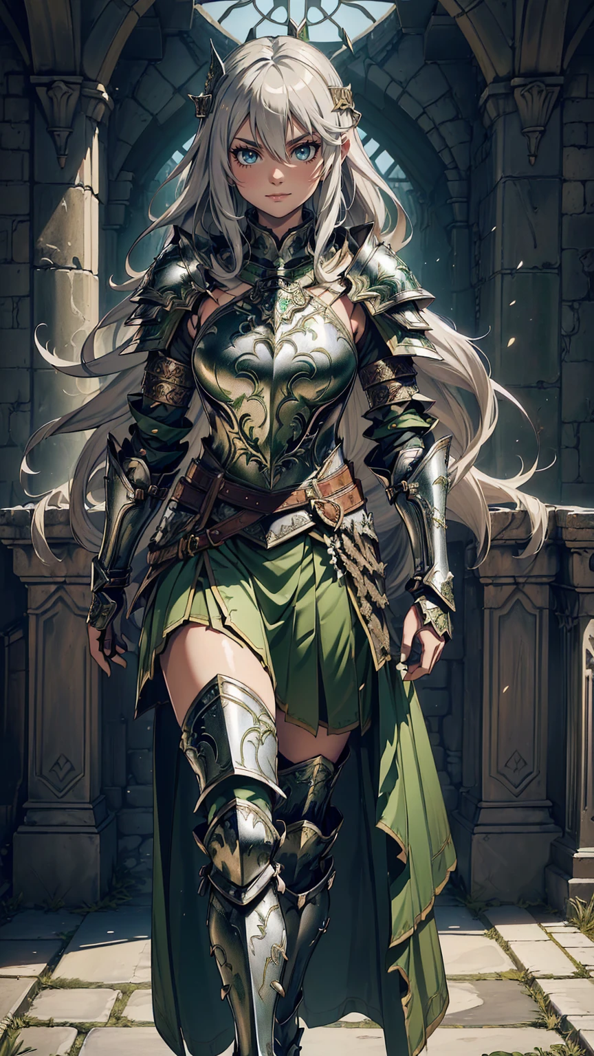 最high quality、Ultra High Definition, Ultra High Quality, Hyper Detailed, Extremely Detailed, Best image quality、masterpiece、anime woman((20-year-old、super dynamic pose , Dancing, Green solid eyes, Silver long Hair 、Disheveled Hair 、Long White Hair, Glove、Green Skirt,  Nature Design Armor, She is smiling like a villain, cheerful expression, charismatic, Detailed Cuirass , Wearing  Full Coverage Fantasy Plate Armor, leg armor))Beautiful art、background((Inside the castle))、Written boundary depth、anime style,Visual Art, 8K,Genuine