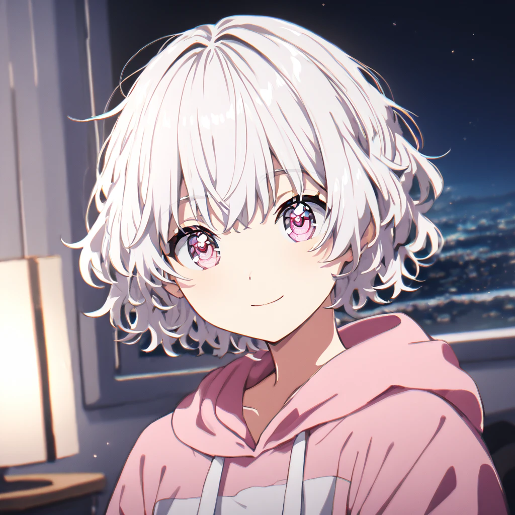 1boy,solo,((White_hair)), night view, upper_body, smile, indoors,((wearing white and pink colour hoodie )), "very detailed and high resolution" ((solo)) (((front view)))((high resolution)) ((good quality)) ((silky hair)) (ken kaneki hairstyle)(short messy hair)( wavy hair) ((pink eyes)) (((shiny eyes))(boy)