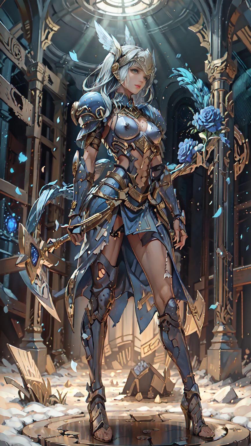 Lenneth from 'Valkyrie profile', BREAK: bright_gold_trimmed_sapphire_blue_plate mech4rmor, (damaged chest armor exposing skin:1.3), thigh cutout, long skirt, BREAK: standing, contrapposto stance, light smile, magical castle ruins, fluffy snow and flower petals fall, BREAK: detailed face, detailed hands, (16k, absurdres, masterpiece, best quality), wings