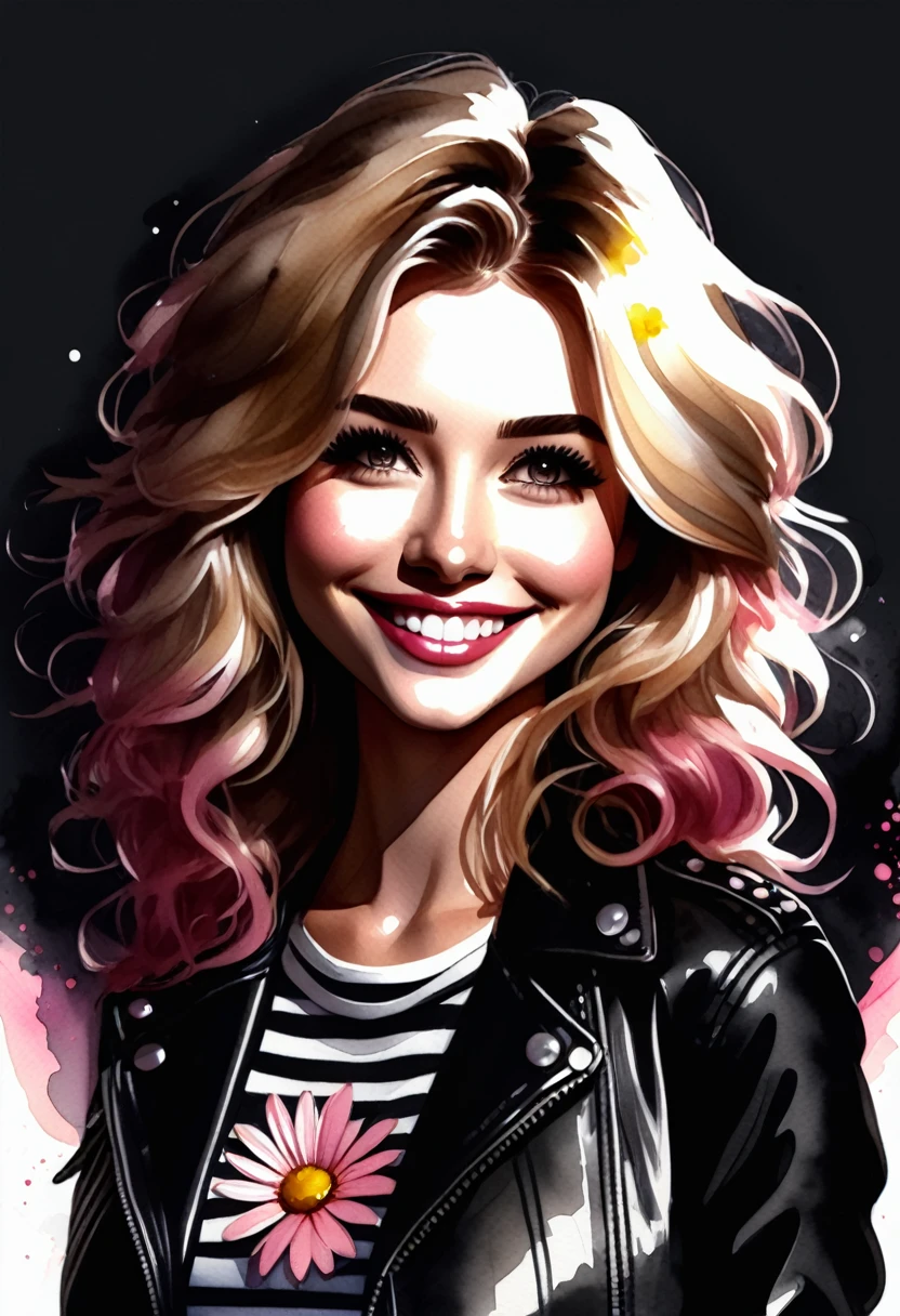 chibi, A watercolor of a young woman in cartoon style with long, wavy blonde hair, a white daisy in her hair, Olhos castanhos expressivos, black leather jacket open over a striped blouse and gray skirt with pink flowers. The expression is soft and smiling, with bright lighting and cheerful atmosphere.