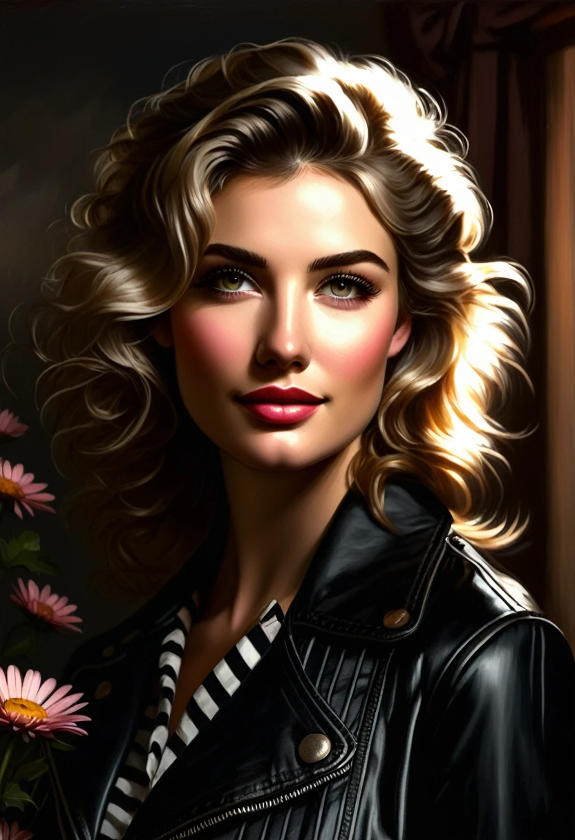 A classical style oil painting of a young woman with wavy blonde hair, white daisy in hair, deep brown eyes, wearing black leather jacket over striped blouse and gray skirt with pink flowers. Serene expression with warm lighting and elegant and refined atmosphere.