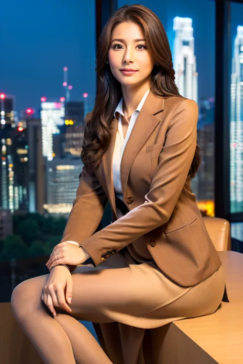 (light brown blazer)、business blouse、(light brown long skirt:1.3)、((full body portrait))、silk pantyhose、sitting、(both legs and h...