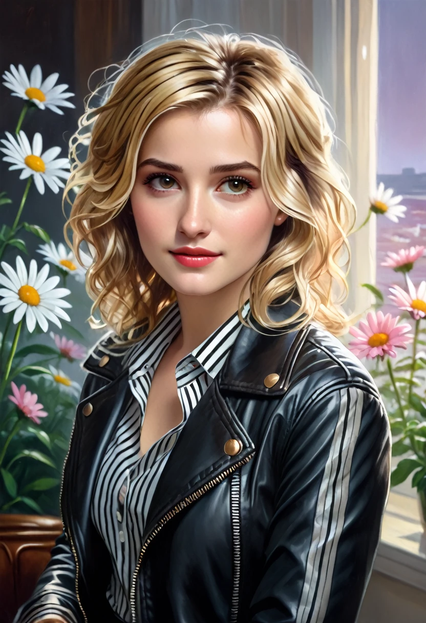 A classical style oil painting of a young woman with wavy blonde hair, white daisy in hair, deep brown eyes, wearing black leather jacket over striped blouse and gray skirt with pink flowers. Serene expression with warm lighting and elegant and refined atmosphere.