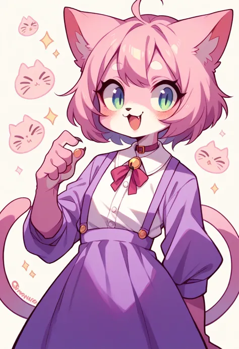 furry, cat girl, 2d, anime style, pink, purple, pastel