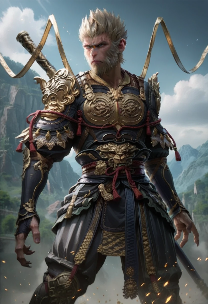 Positive prompts: score_9, score_8_up, score_7_up, score_6_up, source anime, fullbody, 1boy, a warrior fighting with his staff, dynamic pose, monkey king shiny armor, weapon, WU KONG, GOLDEN CUDGEL, BREAK depth of field, particles, divine energy emanating from his entire body, divine energy in the surroundings, magic aura, On top of a mountain with magic energy all around