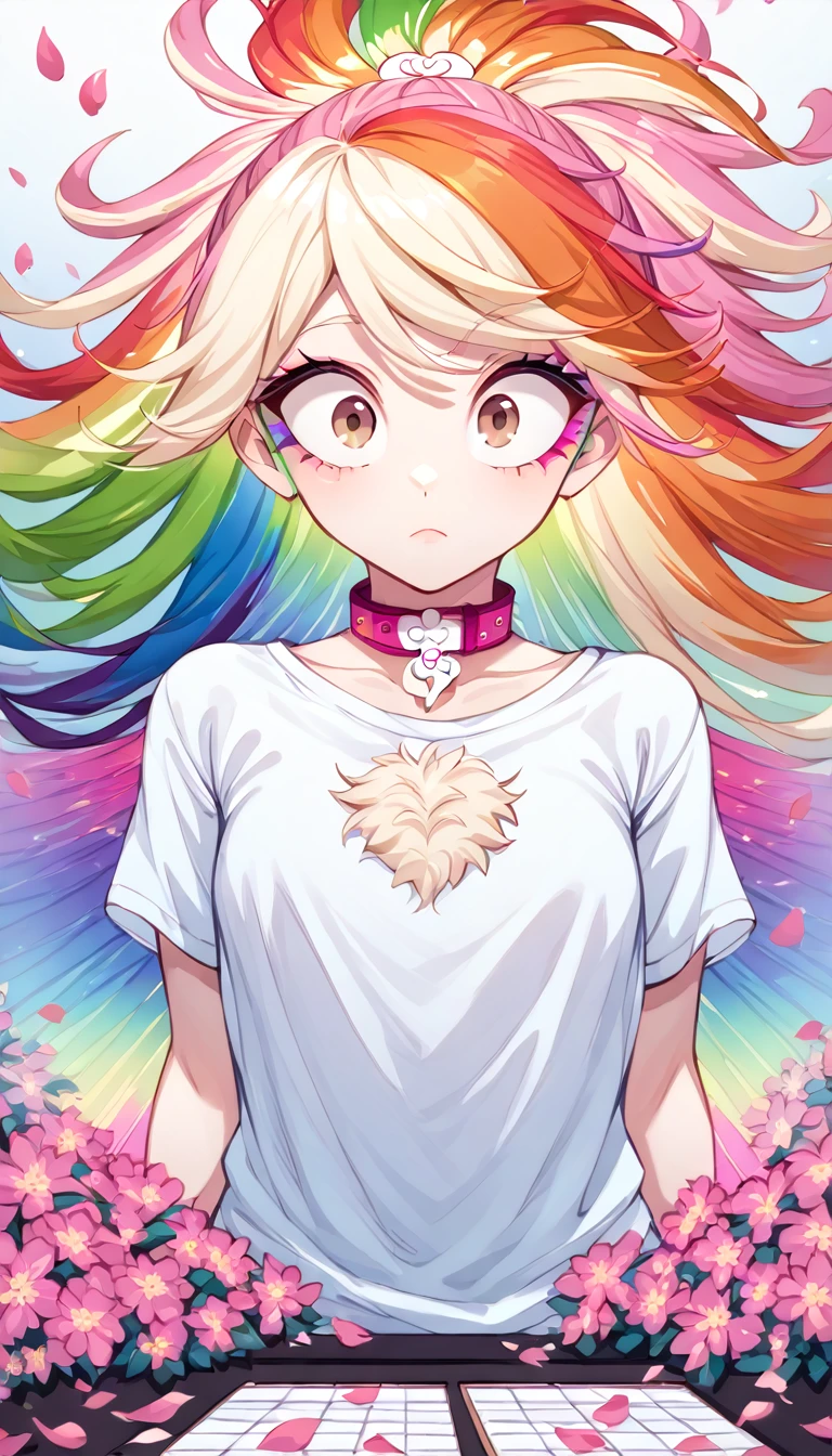 （Pink fashion t-shirt：1.9），(Colorful hair: 1.8), (All Farbes of the rainbow: 1.8),(((((Vertical drawing：1.6))), （drawing：1.6），front, Comics, Illustrations, Boards, big eyes, Crystal clear eyes,（ Rainbow Farbe high ponytail Gradient：1.7）, Great makeup, closed mouth,(Small fresh: 1.5),(Chest examination: 1.6) ，long lashes, White T-shirt with exposed shoulders, White shoulder shirt，looking at the audience, Big watery eyes, (Rainbow hair：1.6), Lone Splash, （solo：1.8）, Lone Splash, Color explosion, Thick paint pattern, Chaotic lines, ((bright.))，(Colored), (Colored), (Colored), Colored, Thick paint pattern, (splash) (Lone Splash), Vertical drawing, Upper body, Splash Paint, Acrylic dye, Gradient, Farbe, Highest picture quality, Top  Quality, Masterpiece, solo, Depth-of-field, facepaint, Farbeful clothes, (stylish: 1.2), superb,long  hair, wind, (stylish: 1.3), (petals: 1.4)，(((Masterpiece))),(((Best Quality))),((A highly detailed)),(illustration),(dynamic angle),((floating)),(Farbe),((ldisheveled hair)),(solo),(1girl) , (((Detailed structure))),((Beautiful detailed face)),collar,bare shoulders,White hair, ((Colorful hair)),((streaked hair)),Beautiful Detailed Eyes,(colourful, Gradient eyes),(((Farbeful eyes))),(((Colorful background))),(((high saturation))),(((Surrounded by Farbeed spots))),