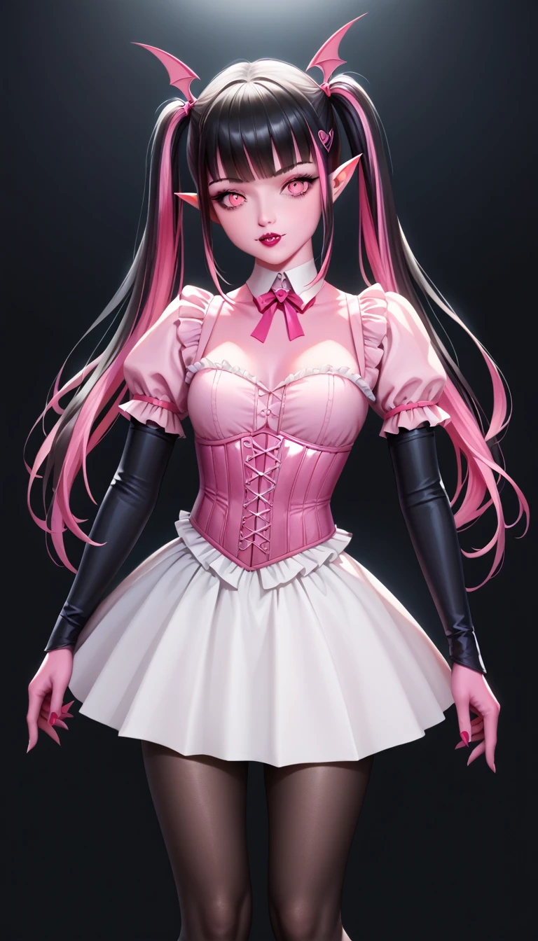 (draculaura_mh:1.0), (realistic:1.2), vampire, (black hair, hot pink highlights in hair, pink skin, pink eyes, bangs, pigtails, vampire ears, twintails), (white skirt, pink top, pink corset, black sleeves:1.2), pantyhose, pink and black background (masterpiece:1.2), (full-body-shot:1.2),(Cowboy-shot:1.2), neon lighting, dark romantic lighting, (highly detailed:1.2),(detailed face:1.2), (gradients), colorful, detailed eyes, (detailed landscape:1.2), (natural lighting:1.2),(detailed background), detailed landscape, (cute pose:1.2), solo, close up, 