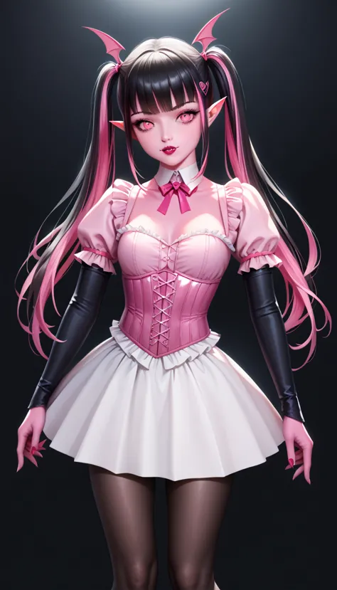 (draculaura_mh:1.0), (realistic:1.2), vampire, (black hair, hot pink highlights in hair, pink skin, pink eyes, bangs, pigtails, ...