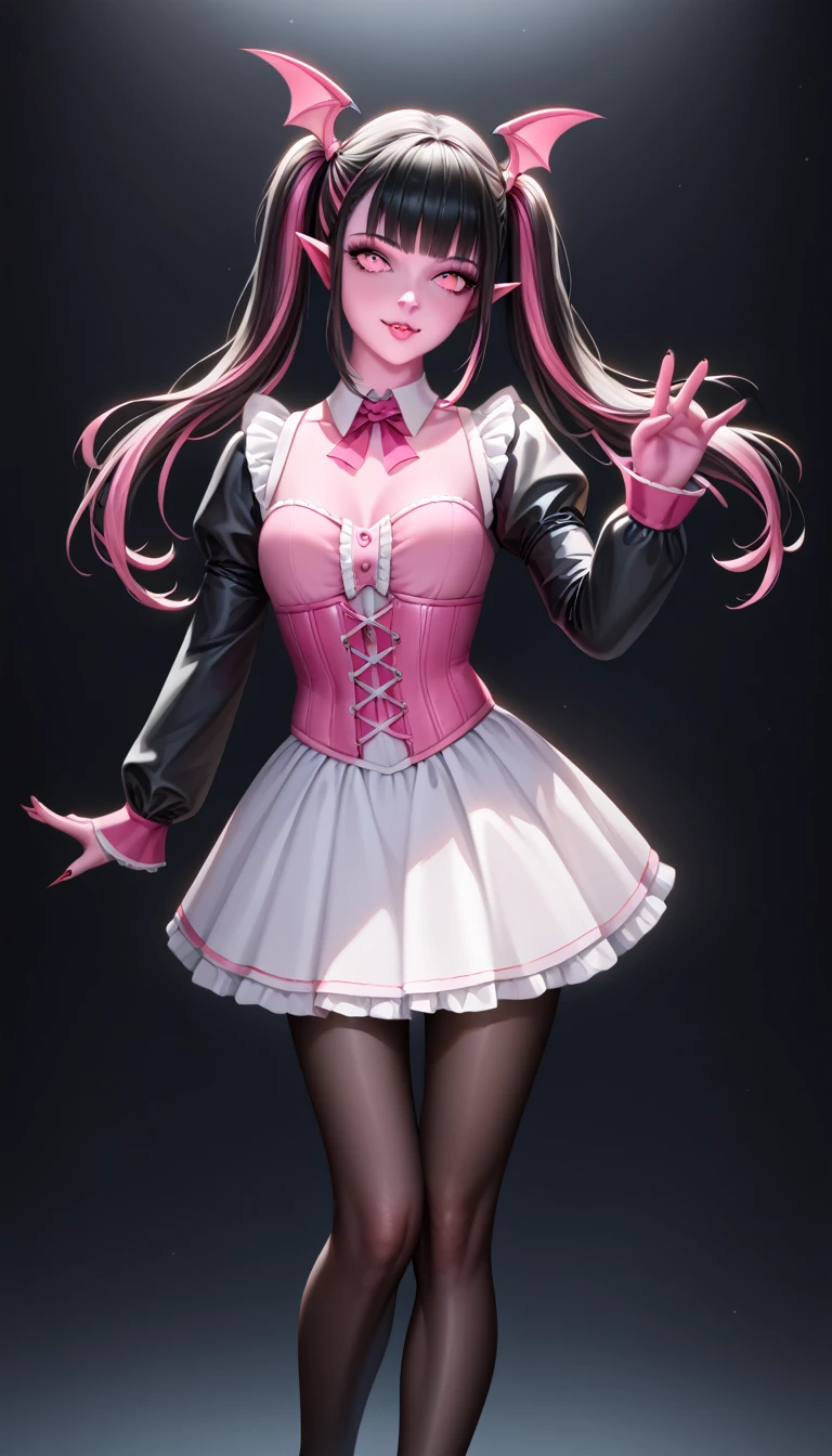 (draculaura_mh:1.0), (realistic:1.2), vampire, (black hair, hot pink highlights in hair, pink skin, pink eyes, bangs, pigtails, vampire ears, twintails), (white skirt, pink top, pink corset, black sleeves:1.2), pantyhose, pink and black background (masterpiece:1.2), (full-body-shot:1.2),(Cowboy-shot:1.2), neon lighting, dark romantic lighting, (highly detailed:1.2),(detailed face:1.2), (gradients), colorful, detailed eyes, (detailed landscape:1.2), (natural lighting:1.2),(detailed background), detailed landscape, (cute pose:1.2), solo, close up, 