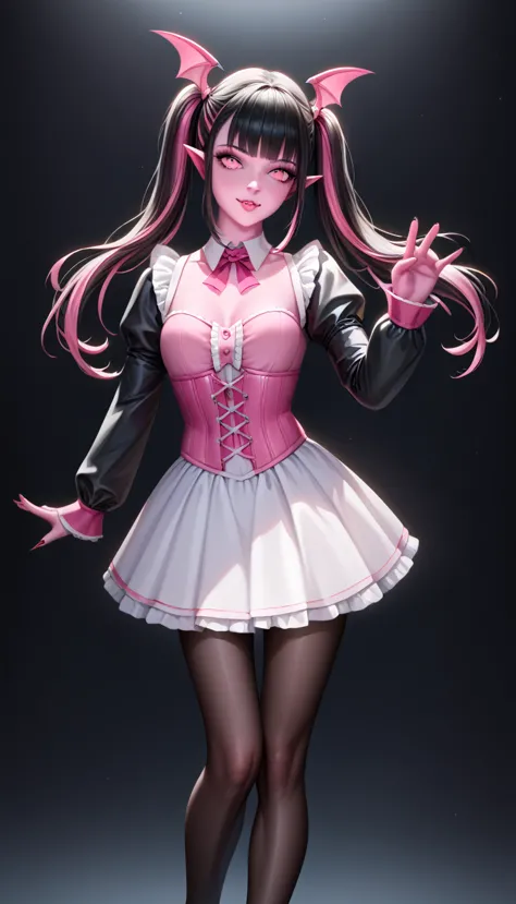 (draculaura_mh:1.0), (realistic:1.2), vampire, (black hair, hot pink highlights in hair, pink skin, pink eyes, bangs, pigtails, ...