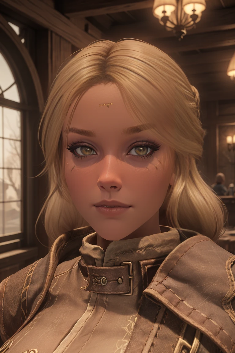 1girl, 30 yo, female breton, blond hair, green eyes, (closeup portrait:1.1), Skyrim, indoor, inn, welcomes the viewer