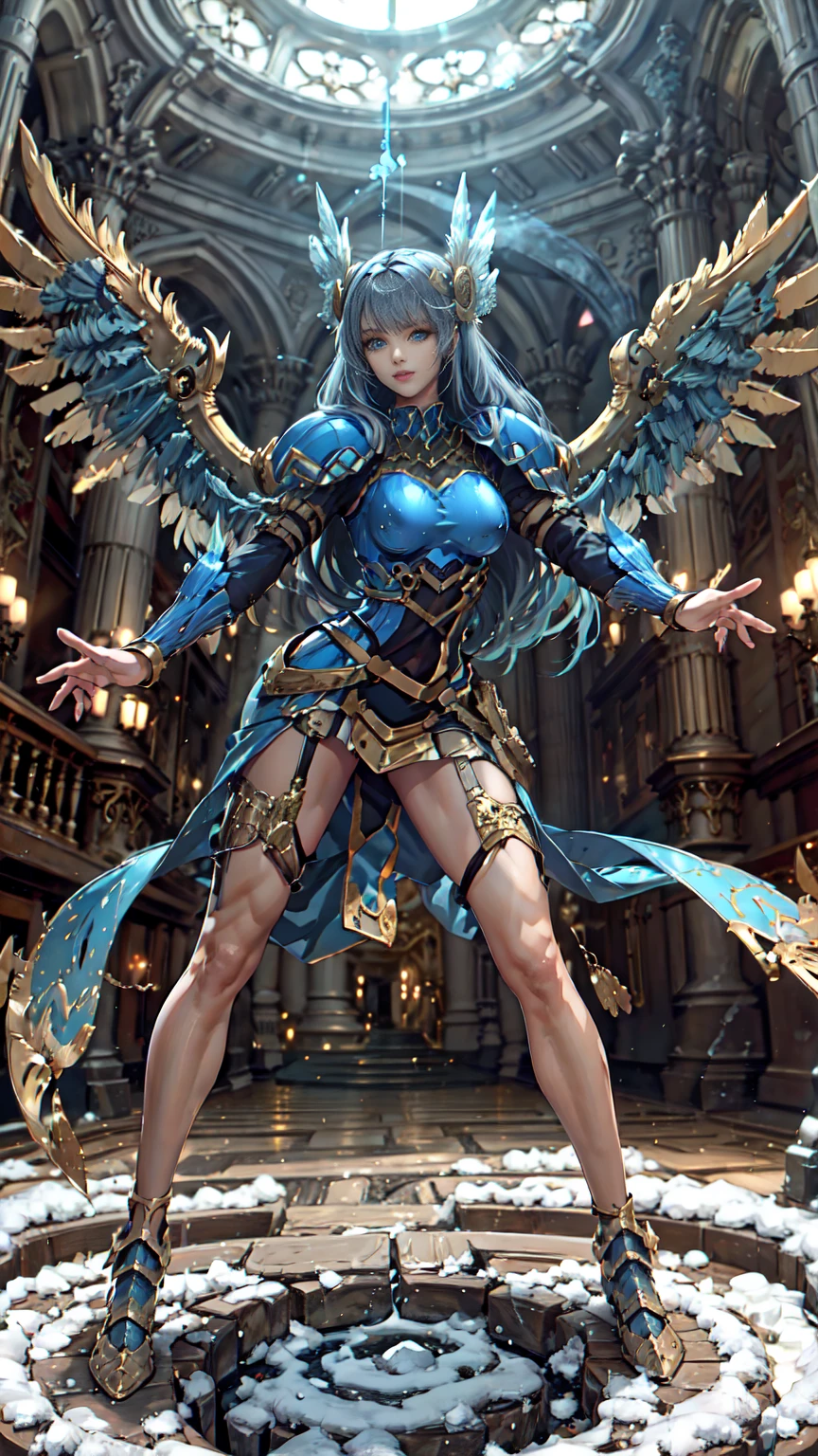 Lenneth from 'Valkyrie profile', BREAK: bright_gold_trimmed_sapphire_blue_plate mech4rmor, (boob window in armor), thigh cutout, long skirt, BREAK: standing, contrapposto stance, light smile, castle ruins, fluffy snow falls, BREAK: intricately detailed eyes, detailed face, detailed hands, cinematic lighting, moody atmosphere, (16k, absurdres, masterpiece, best quality), wings